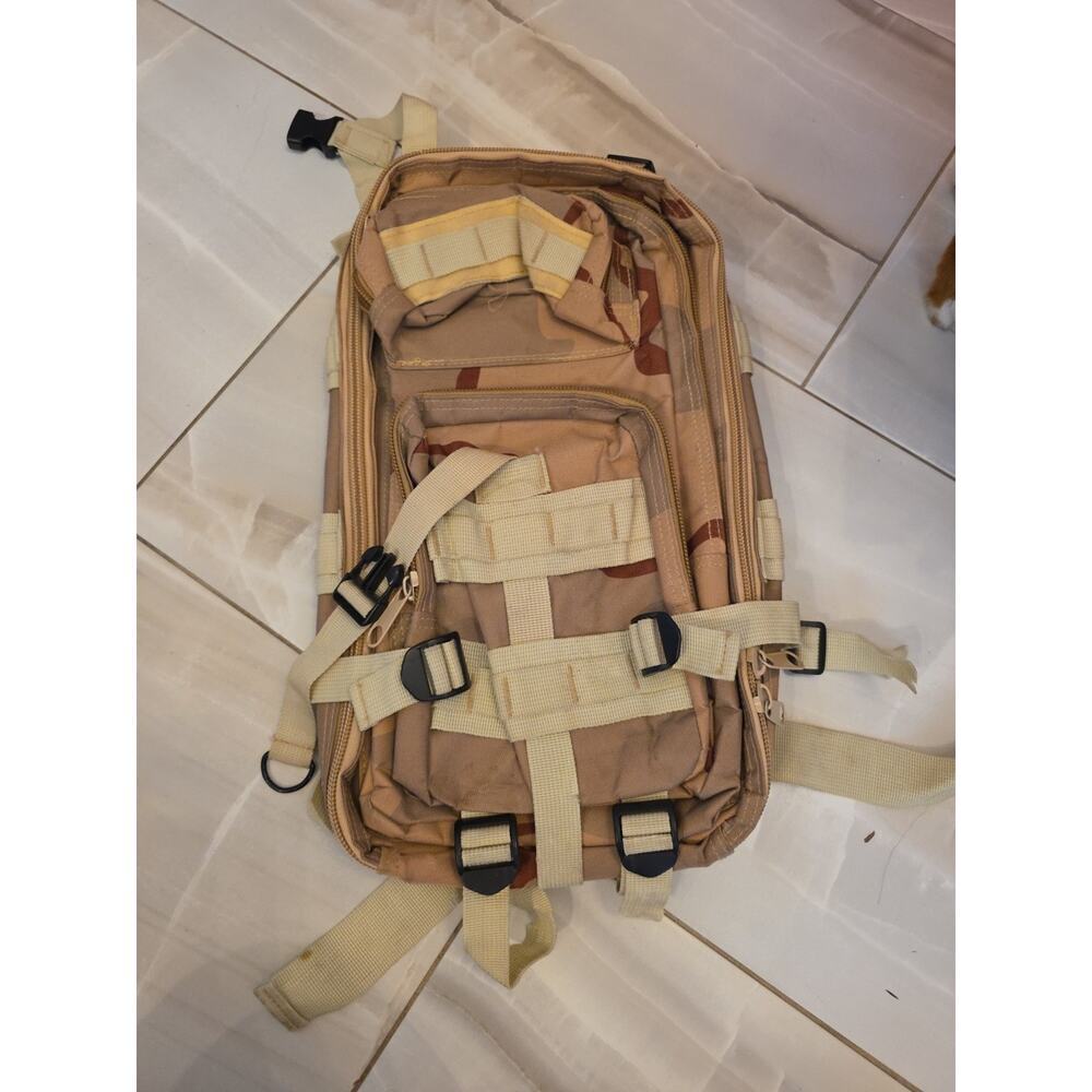 Tactical Military Style Backpack Desert Camo 18 x 10 FOR‎ PARTS OR REPAIR